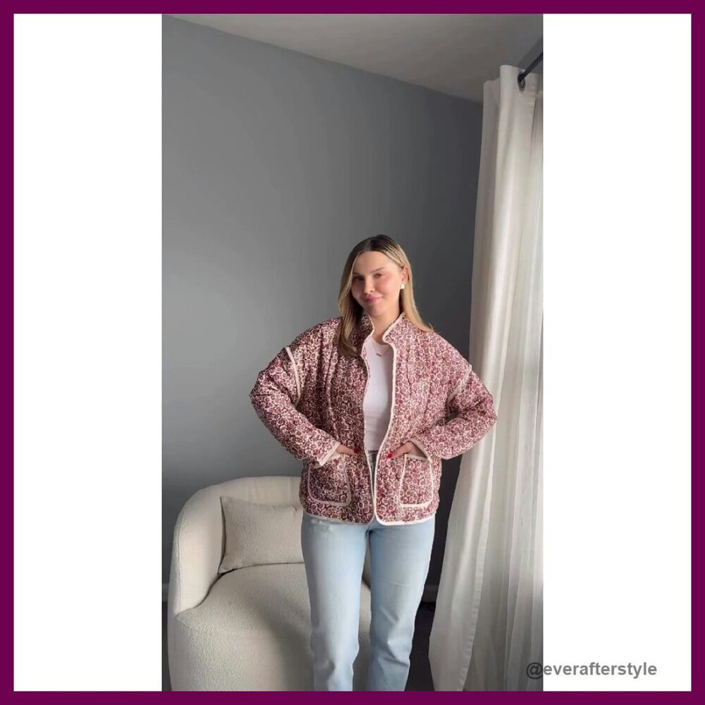 Cropped Puffer Quilted Jacket Vintage Floral Print Open Front Lightweight Y2K - Picture 8 of 8